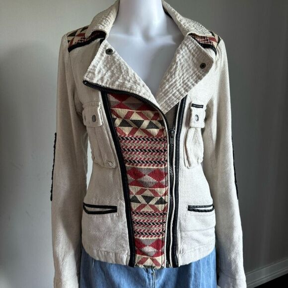 Maison Scott Scotch & Soda Linen Blend Navajo Print Moto Jacket - Picture 6 of 13